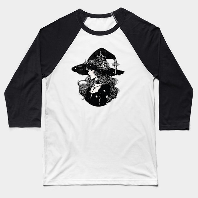 Black and White Gothic Astrology Witch Baseball T-Shirt by DarkSideRunners